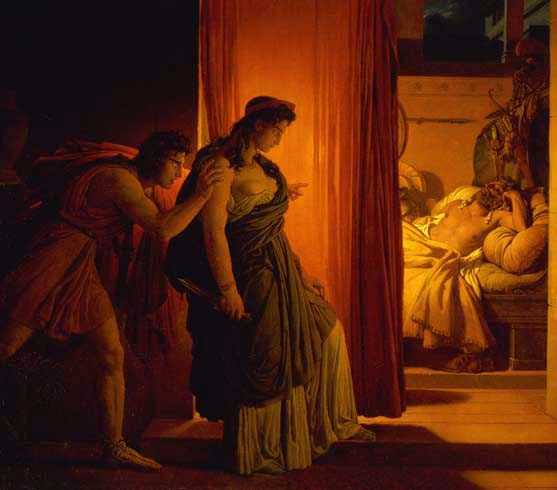Clytemnestra and Aegisthus preparing to murder Agamemnon